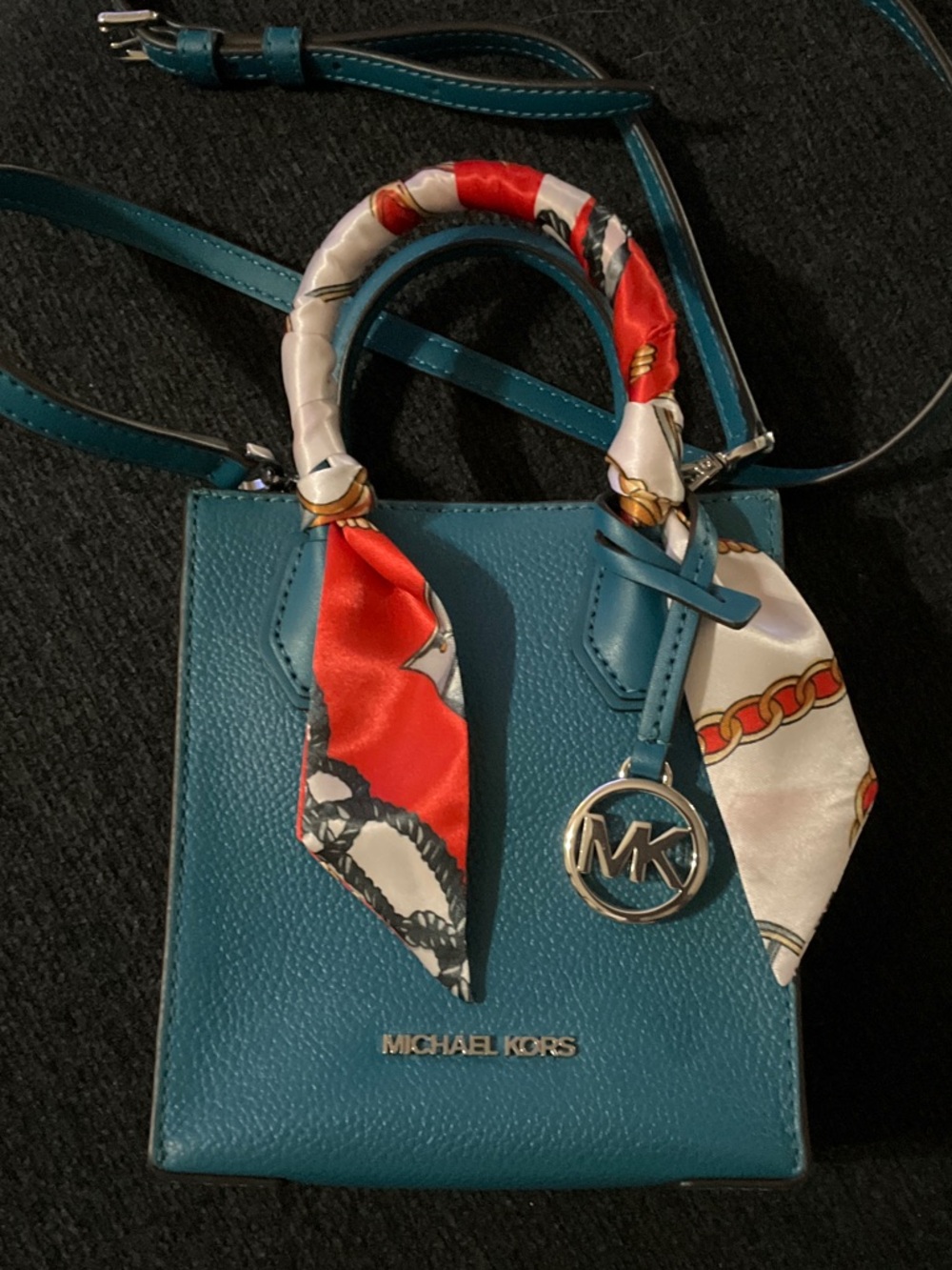 Michael Kors Teal Mini Tote with Red & Cream Scarf Accent